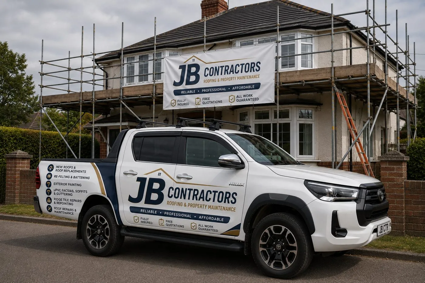 Plymouth Roofing pickup truck on site at a scaffolded roofing job in Plymouth